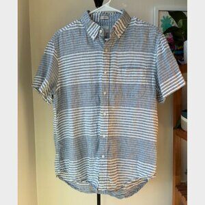 J. Crew Blue and White Striped Irish Linen Short Sleeve Button Up - Size M